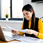 Budgeting and Financial Planning**

A young professional woman sitting at a kitchen table, reviewing a budget spreadsheet on her laptop, with bills and receipts neatly organized nearby. She's smiling slightly, looking thoughtful and in control. The kitchen is bright and modern, suggesting financial stability and organization. Fully clothed in casual, professional attire, safe for work, appropriate content, perfect anatomy, natural proportions, modest, family-friendly, professional photography, high quality.

**