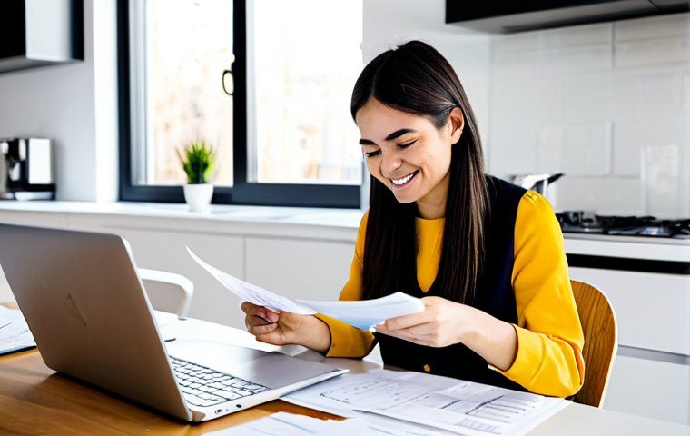 Budgeting and Financial Planning**

A young professional woman sitting at a kitchen table, reviewing a budget spreadsheet on her laptop, with bills and receipts neatly organized nearby. She's smiling slightly, looking thoughtful and in control. The kitchen is bright and modern, suggesting financial stability and organization. Fully clothed in casual, professional attire, safe for work, appropriate content, perfect anatomy, natural proportions, modest, family-friendly, professional photography, high quality.

**