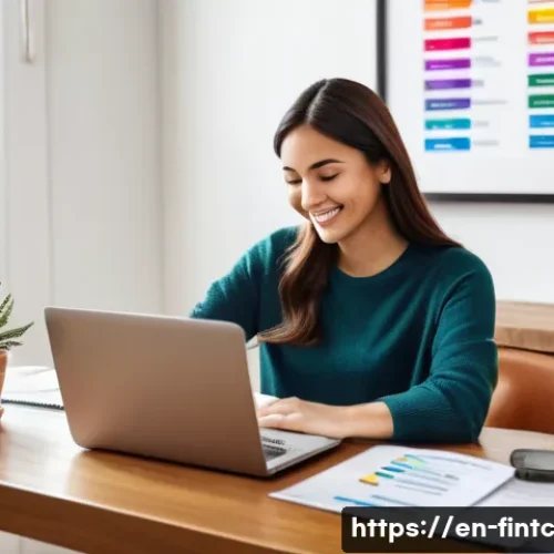 금융 자신감 구축을 위한 실질적 경험 - A cozy home office scene featuring a young professional woman smiling confidently while reviewing he...