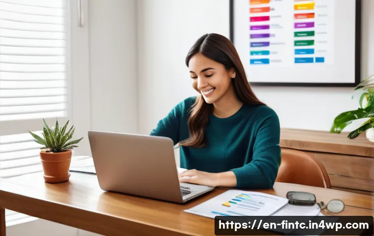 금융 자신감 구축을 위한 실질적 경험 - A cozy home office scene featuring a young professional woman smiling confidently while reviewing he...