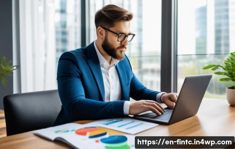 금융 전략 수립의 기본 원칙 - A modern home office scene showing a young professional thoughtfully analyzing a colorful financial ...