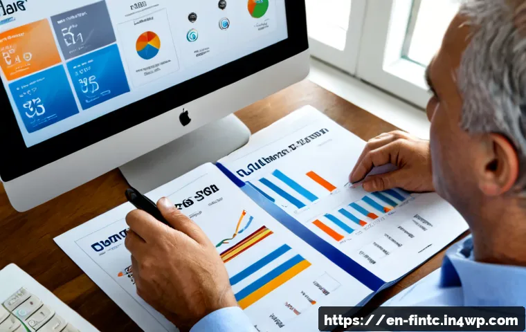 Home 17 금융 제품 비교 분석 - Photorealistic financial product comparison scene, mature couple in a bright modern home office revi...