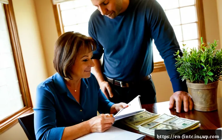저축의 중요성과 방법 - Photorealistic home budgeting scene, a middle-aged American couple at a clean kitchen table reviewin...